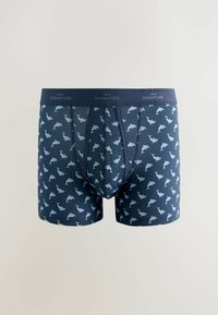 Granatowe bokserki z nadrukiem delfina, o prążkowanej teksturze, z elastycznym pasem i wygodnym krojem. Zaprojektowane do noszenia na co dzień.