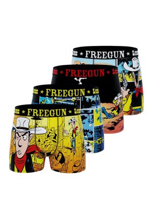 Quatre paires de boxers avec des motifs colorés de bande dessinée mettant en scène un personnage de cow-boy, marqués "FREEGUN" sur la ceinture.