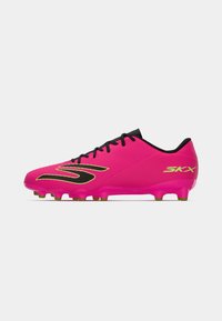 Pink football boots with a textured surface, black accents, and green studs. Features a sleek design and SKX branding on the side.