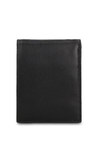 Portafoglio in pelle nera dalla texture liscia, forma rettangolare e design minimalista. Presenta bordi cuciti e nessun elemento metallico visibile.