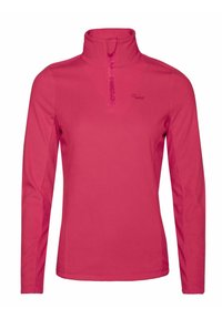 Pullover rosa a maniche lunghe con colletto alto, caratterizzato da una chiusura a zip a metà. Tessuto morbido e liscio con un logo sottile vicino al colletto.
