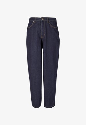 Tmavé denimové džínsy so strihom rovného nohavice, s tradičným dizajnom piatich vreciek, jemným zlatým prešívaním a kovovým zapínaním.