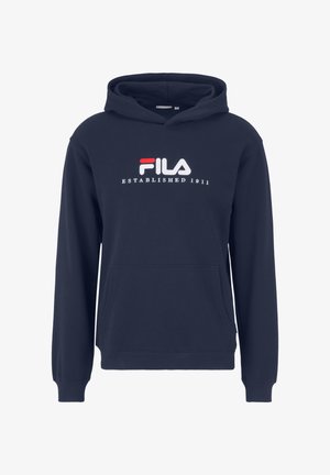 Marineblå hætte sweatshirt lavet af bomuldsblanding, med en frontlomme, ribbet manchetter og broderet FILA-logo med etableringsdato.