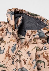 Tiermuster-Hoodie aus leichtem pinken Stoff mit weicher grauer Fütterung. Verfügt über einen Reißverschluss und einen elastischen Halsausschnitt.