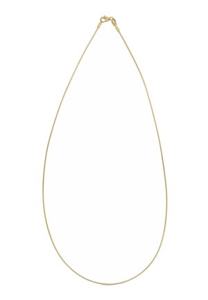 Collana a catena sottile in oro con chiusura a moschettone, mostrata su sfondo bianco.