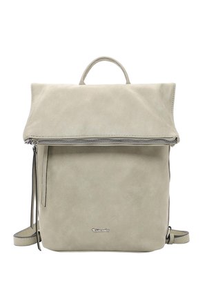 Light gray suede backpack with top handle, front zipper pocket, and two adjustable shoulder straps, branded with a small metal logo.