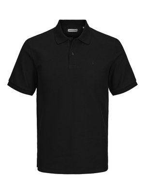 Black polo shirt made of textured fabric, featuring a three-button placket and a small logo on the left chest. Short sleeves.