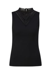 Top negro sin mangas con un alto cuello de encaje y un detalle de encaje en forma de V en la parte delantera. Textura de punto suave, diseño ajustado. Cierre en la parte posterior con cremallera.