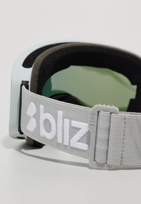 Ochelari de schi cu un cadru de culoare albastru deschis, lentile verzi tinted și o curea ajustabilă gri cu branding alb "bliz". Mânici interioare moi.