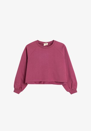 Kort sweatshirt i dyb mauve, lavet af blødt stof. Har raglanærmer med elastiske manchetter og en rund halsudskæring. Simpelt design.