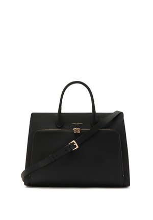 Sac à main en cuir noir avec un design structuré, poignées supérieures, bandoulière amovible et quincaillerie dorée. Détail de poche zippée à l'avant.