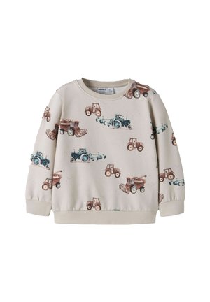Beige børnesweatshirt med lange ærmer med helprint af blå og brune vintage landbrugstraktorer og mejetærskere.