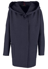 Mørk marineblå uldfrakke med hætte, der har en åben front, to sidelommer og en glat tekstur. Minimalistisk design uden synlige lukninger.