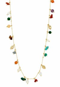 Collier en chaîne en or orné de diverses pierres précieuses colorées et de perles, présentant des formes et des tailles irrégulières, espacées uniformément le long de la chaîne.