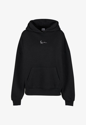 Schwarzer Hoodie aus weichem Material, mit einer Kängurutasche und einem in Weiß auf der Brust gestickten Logo. Lockere Passform mit gerippten Bündchen.