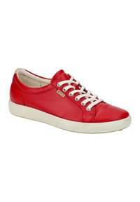 Red leather sneaker with white laces and eyelets, rounded toe, and a rubber sole, featuring a small logo patch on the side.