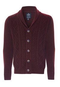 Bordový pletený cardigan s šálovým límcem, který má kabelkový vzor, šest knoflíků a manžety s žebrováním pro přidanou strukturu.