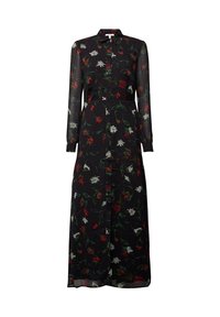 Robe maxi noire à manches longues avec boutons, motif floral en rouge, blanc et vert, avec col et manches à revers.