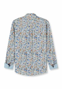 Blumenhemd mit einem hellblauen Hintergrund, das ein mehrfarbiges Muster aus Blumen und Blättern zeigt. Lange Ärmel mit hellblauen Manschetten.