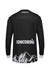 Langärmeliges schwarzes Handballtrikot mit weißem Schriftzug "CONCORDIA" und Bergmuster am Saum. Hergestellt aus glattem, leichtem Synthetikmaterial.