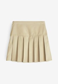 Gonna plissettata beige realizzata in tessuto morbido, con una vita aderente e numerose pieghe verticali per un aspetto strutturato.