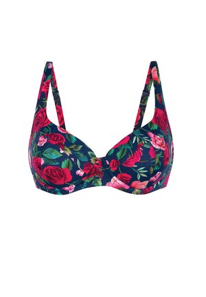 Biustonosz w kwiatowy wzór na granatowym tle, wyposażony w formowane miseczki, regulowane ramiączka oraz zapięcie na haftkę z tyłu.