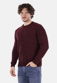 Uomo con capelli ricci che indossa un maglione a trecce bordeaux e jeans blu, in piedi con una mano in tasca su uno sfondo bianco.