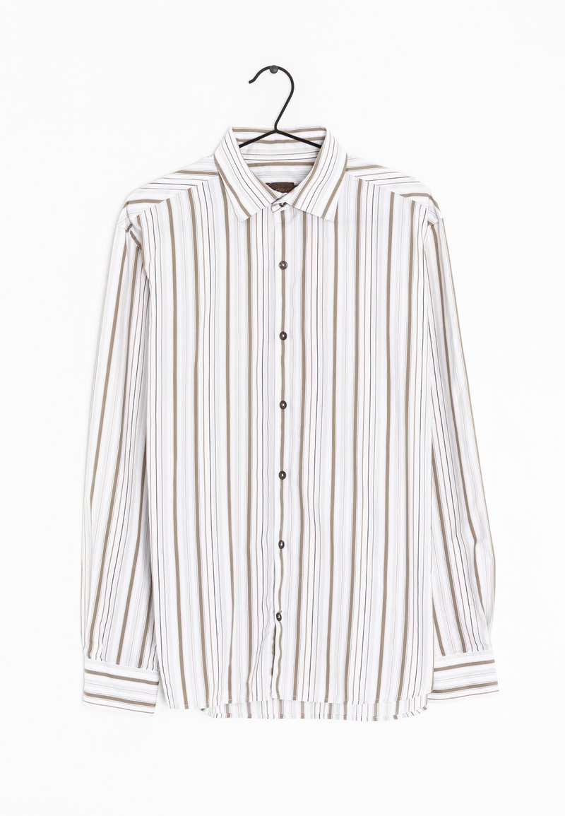 Camicia a maniche lunghe a righe in bianco e marrone, con bottoni frontali, collo e dettagli ai polsini. Tessuto liscio con righe verticali.