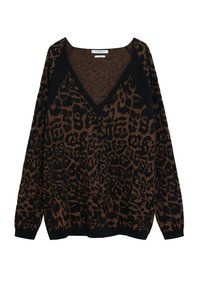 Sweter w brązowo-czarny wzór leopardzi z dekoltem w serek, długimi rękawami i ściągaczem, wykonany z teksturowanej dzianiny.