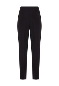 Pantalon noir taille haute, ajusté, avec jambes droites et design minimaliste, comportant un petit détail de poche avant.