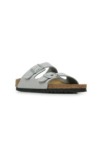 Silberne Glitzer-Sandalen mit zwei verstellbaren Riemen, Korkfußbett und schwarzer Gummisohle. Offenes Toe-Design mit strukturierten Akzenten.