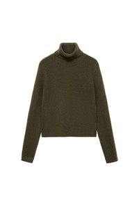 Pull à col roulé vert olive foncé en tissu tricoté doux ; avec manches longues et col côtelé. Design court avec une coupe décontractée.