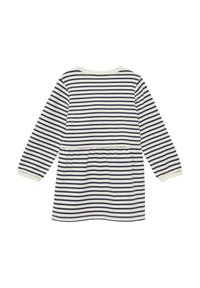 Gestreiftes Langarmkleid mit navyblauen und cremefarbenen horizontalen Streifen, elastischem Bund, rundem Ausschnitt und gerafften Manschetten.