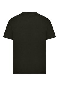 Dark green, short-sleeve t-shirt with a crew neck. Smooth texture, solid color, and no visible logos or patterns. Simple design.