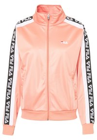 Light pink zip-up jacket made of smooth fabric, featuring black and white side stripes with "FILA" logo. Stand-up collar and elastic cuffs.