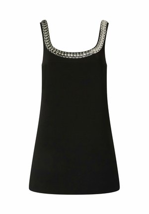 Top negro sin mangas con escote cuadrado, que presenta un detalle de cadena metálica plateada alrededor del cuello. Tejido suave, corte relajado.