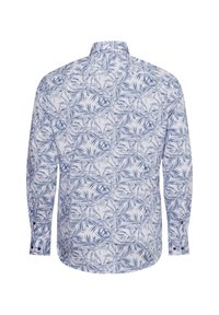 Langärmliges Hemd mit einem blauen und weißen Blättermuster, aus leichtem Stoff, mit spitzem Kragen und Knopfmanschetten.