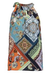 Top colorato senza maniche con un design a patchwork che presenta motivi floreali e geometrici in blu, arancione, verde e beige. Si annoda al collo.
