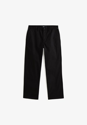 Schwarze Baumwoll-Chinos mit geradem Bein, Fronttaschen und Knopfverschluss in der Taille. Glatte Textur, vielseitiger Stil.