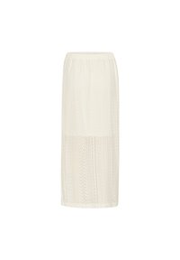 Jupe midi blanche avec un motif en dentelle texturée, dotée d'une taille légèrement élastique et d'une silhouette droite. Tissu léger et aéré.