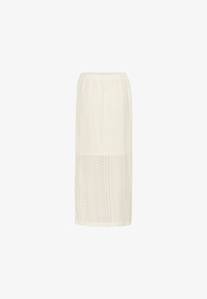 White midi skirt featuring a textured lace pattern with a slightly elastic waistband and a straight silhouette. Lightweight and airy fabric.