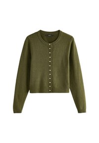 Olivově zelený pletený cardigan s dlouhými rukávy, kulatým výstřihem a zlatými knoflíky ve tvaru srdce vpředu. Měkká textura.