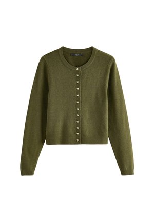 Olive green knitted cardigan with long sleeves, round neckline, and gold heart-shaped buttons down the front. Soft texture.