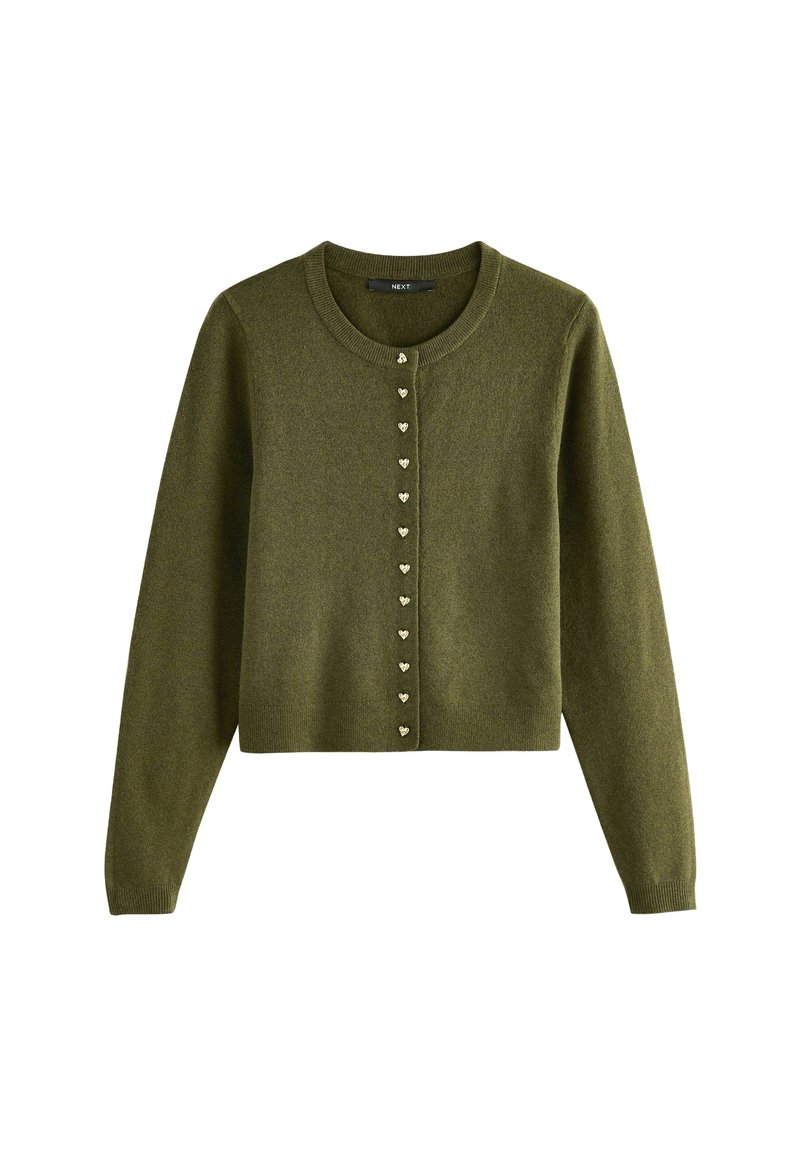 Olivově zelený pletený cardigan s dlouhými rukávy, kulatým výstřihem a zlatými knoflíky ve tvaru srdce vpředu. Měkká textura.