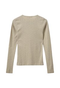 Világos bézs, hosszú ujjú felső, bordázott textúrával, kerek nyakkivágással és testhez simuló fazonnal. Nincs látható fém alkatrész vagy jellegzetes díszítés.