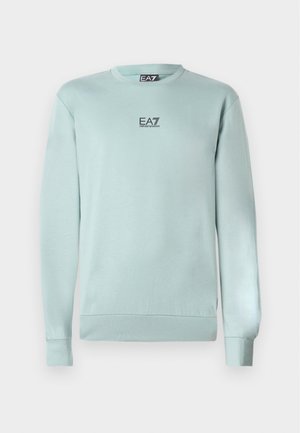 Light blue sweatshirt made of soft fabric. Features ribbed cuffs and hem, crew neck, with a small EA7 logo on the chest.