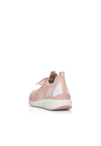 Pink knitted athletic shoe with a white accent and logo, featuring a flexible body, rounded toe, and a cushioned sole.