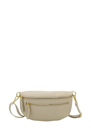 Sac en cuir beige à bandoulière avec une forme arrondie, comportant deux compartiments zippés et des accessoires en ton doré. Bretelle réglable incluse.