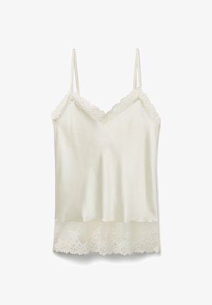 Satin cami i lys elfenben med justerbare stropper, v-hals og delikat blondekant langs halsudskæringen og sømmet.
