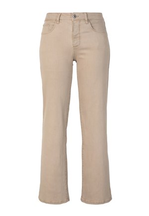 Beige Hose mit geradem Bein, Knopf- und Reißverschluss, vorne und hinten Taschen, vor weißem Hintergrund präsentiert.